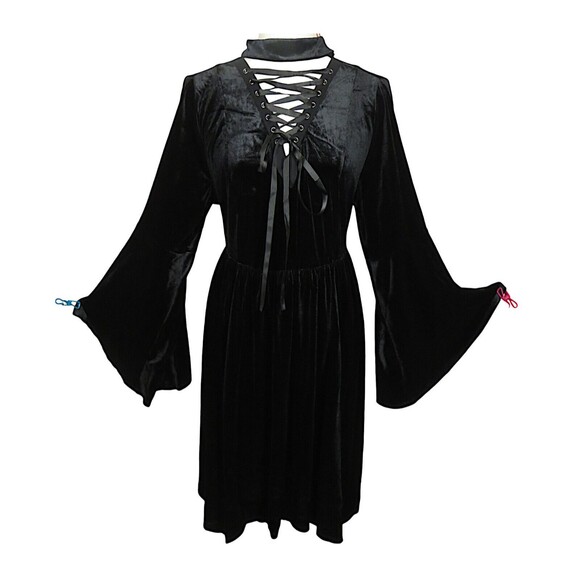 Torrid Dresses & Skirts - Torrid Black Stretch Velvet Flare Sleeve Lace Up Witchy Goth Midi Dress Plus 1X